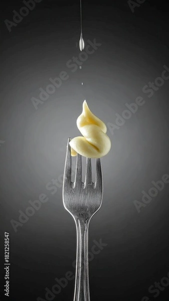 Fototapeta A single forkful of pasta, a creamy spiral, with a water droplet falling