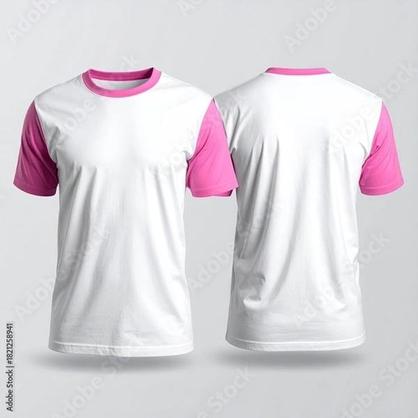 Fototapeta Front and back view of a plain white t-shirt with pink trim on the sleeves and neckline