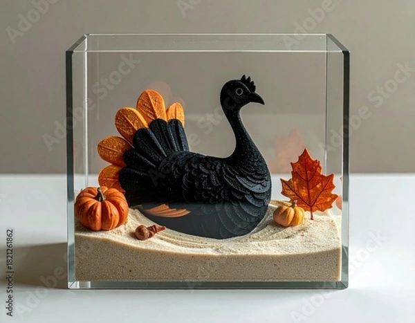 Fototapeta Elegant autumn centerpiece with a black turkey, pumpkins, and leaf in glass box