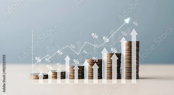 Obraz Investment growth is visually represented with stacked coins and upward-pointing arrows, symbolizing financial success and portfolio appreciation in the market.