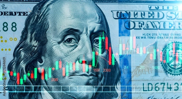 Obraz Investment strategies and financial growth can be visualized using stock market charts and currency, offering a clear path to wealth accumulation.