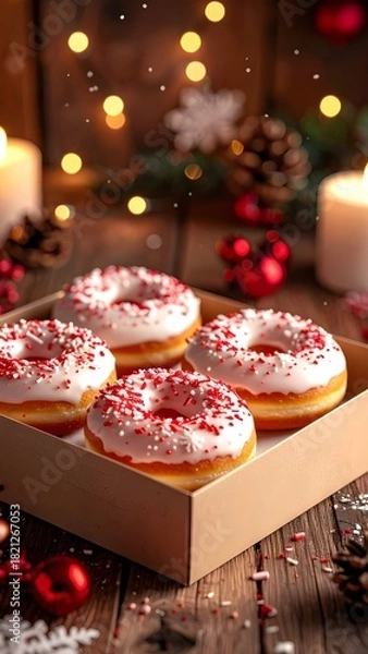 Fototapeta Sweet Christmas donuts, glazed white with red sprinkles, in a gift box. Surrounded by warm candlelight and festive decorations, creating a cozy winter holiday celebration