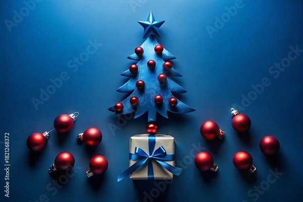 Fototapeta Festive christmas tree shape with red ornaments and gift on blue background