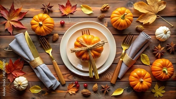 Fototapeta Festive thanksgiving table setting with pumpkins and autumn leaves on wood