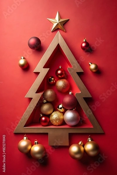 Fototapeta Festive christmas tree outline with ornaments on red background