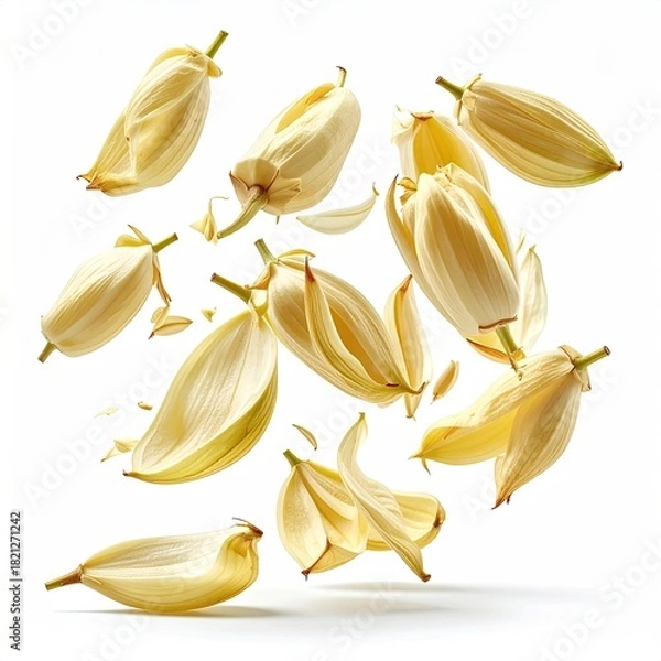 Obraz Pale yellow flower blossoms and petals in mid-air