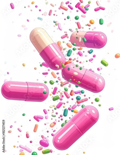 Obraz Pink capsules surrounded by colorful sprinkles