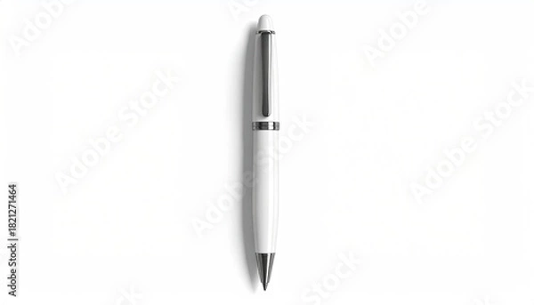 Obraz A white ballpoint pen, vertically oriented, against a plain white background.  The pen has a smooth, glossy surface, with a slightly tapered body and metal accents