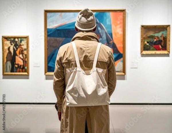 Fototapeta A rear view of a stylish person contemplating diverse artworks in a serene museum gallery setting