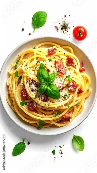 Obraz Creamy pasta dish with bacon and parmesan cheese.  Fresh basil and spices surround a bowl of spaghetti