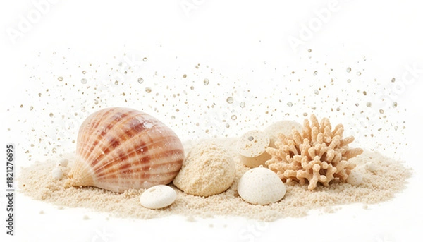 Obraz Seashells and White Sand Flat Lay