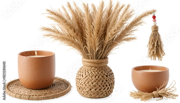 Obraz Modern Home Decor with Dried Pampas Grass in Woven Wicker Vase