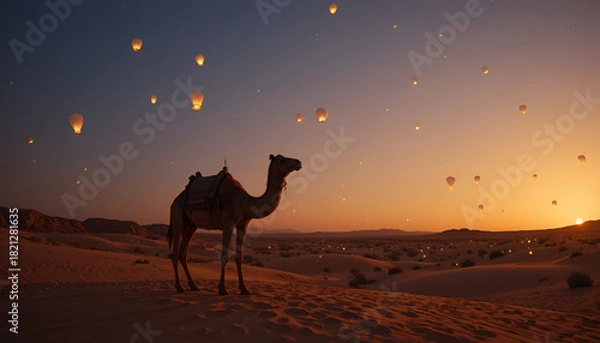 Obraz Camels walking under glowing floating lanterns at sunset