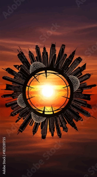Fototapeta Cityscape Globe at Sunset - A Unique Perspective on Urban Life.