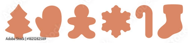 Obraz Set of Christmas gingerbread cookie silhouette isolated on a white background. Gingerbread cookies in shape of Christmas tree, glove, gingerbread man, snowflake, candy cane and stocking.	