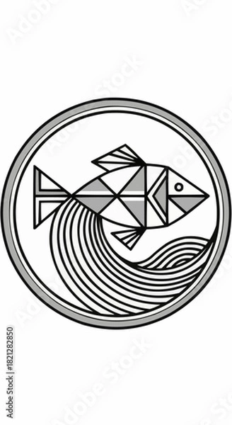 Fototapeta Geometric Fish Design with Waves in Circular Frame Illustration.