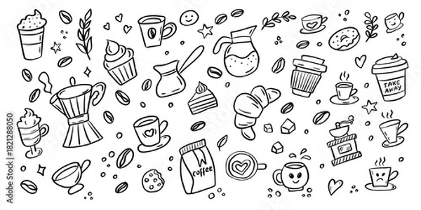 Obraz Coffee doodle pattern with mugs beans desserts and cafe elements