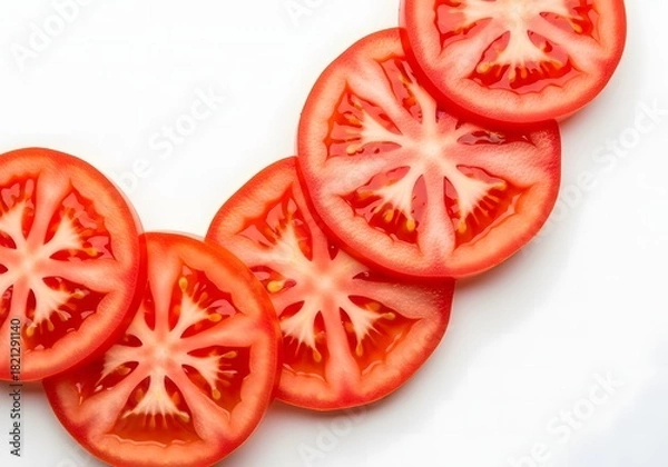 Obraz Slices of fresh ripe tomato arranged on a white background, showcasing the vibrant red color and intricate seed pattern isolated on white background