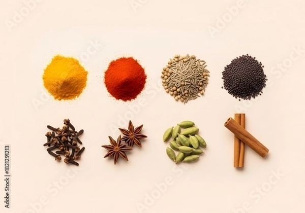 Obraz Overhead shot of vibrant spices and herbs including turmeric, paprika, coriander, mustard seeds, cloves, star anise, cardamom, and cinnamon sticks on a beige surface