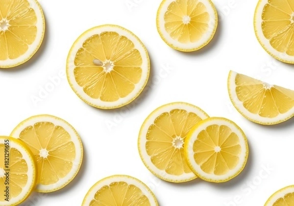 Fototapeta Slices of fresh lemons are scattered on an isolated on white background, creating a vibrant and refreshing pattern, perfect for summerthemed designs