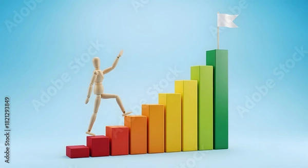Obraz グラフの階段を登り業績アップを目指すデッサン人形