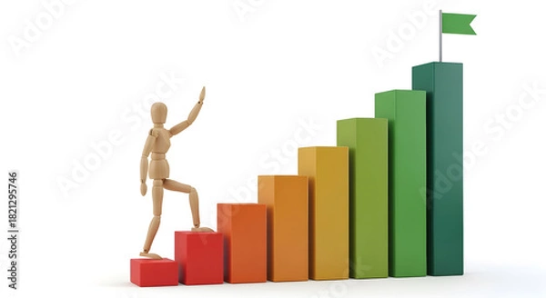 Obraz グラフの階段を登り業績アップを目指すデッサン人形