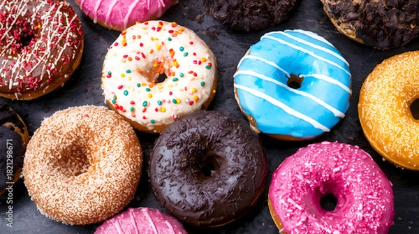 Fototapeta Assortment of colorful donuts on a dark background top view