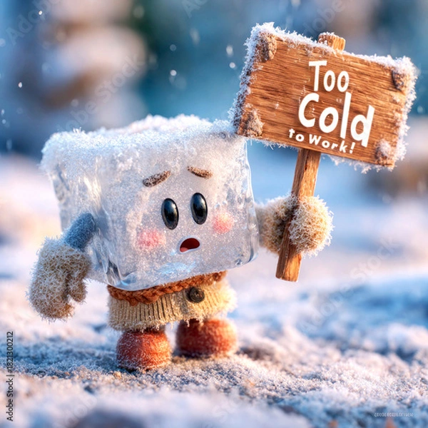 Fototapeta Cute Frosty Ice Cube Character Holding ‘Too Cold to Work’ Sign.  Winter Holidays Time. 