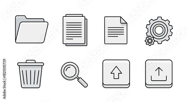 Obraz Vector icon set for office documents and system tools. Includes folder, files, settings gear, trash bin, magnifying glass, and upload symbols. Ideal for modern UI design