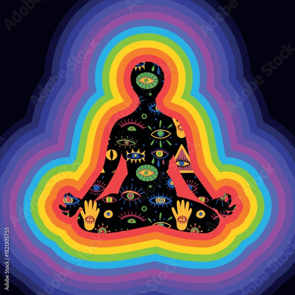 Obraz Human subtle bodies. Silhouette  of girl sits in the lotus position and meditates eye pattern