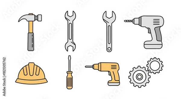Obraz Set of construction tools Hammer, wrench, drill, hard hat, and gear icons for design and use