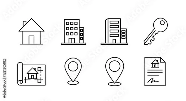 Obraz Essential Real Estate Line Icons Set for Property Search, Home Buying, Apartment Rentals, and Housing Market Concepts