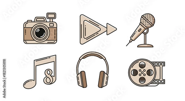 Obraz Collection of vintage-style icons representing various media and entertainment elements like a camera, microphone, film reel, and headphones