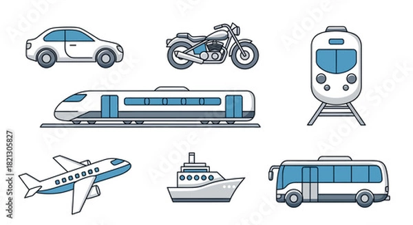 Obraz Diverse collection of modern transportation vehicles including a car, motorcycle, train, airplane, ship, and bus
