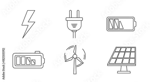 Obraz Set of icons representing renewable energy sources and electricity lightning bolt, plug, battery, wind turbine, and solar panel