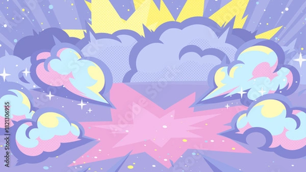 Fototapeta アメコミ風のポップな衝撃の煙の背景イラスト_紫_16:9