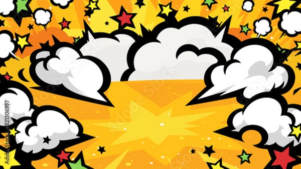 Fototapeta アメコミ風のポップな衝撃の煙の背景イラスト_黄色星_16:9
