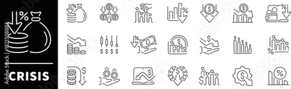 Obraz Crisis vector icons. Economic crisis thin line icons set. Decrease, layoff, job fired, pay cuts, low cost, crisis related icons