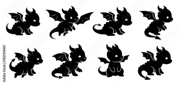 Fototapeta Baby dragon silhouette set. Shapes created with high quality. Cute small dragons appear in playful poses and friendly rounded forms