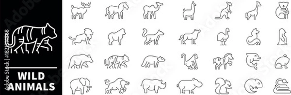 Obraz Wild animals linear vector icons. Set of outline icons related to wild animals and beasts. Wild animals outline Icons set