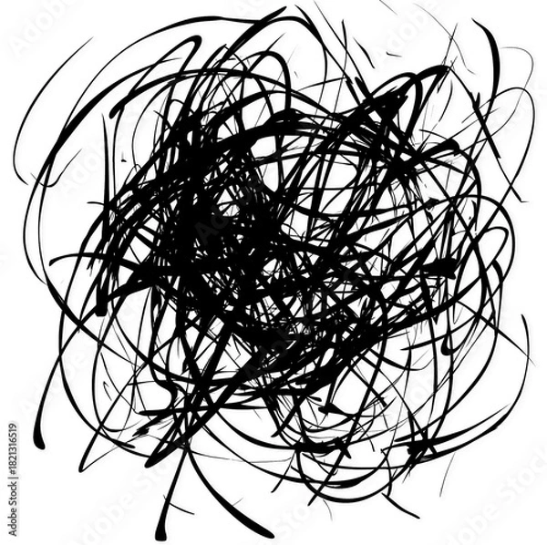 Obraz Abstract chaotic black scribble design isolated on white or transparent PNG background. Perfect for creative projects, overlays, textures, and graphic design elements.