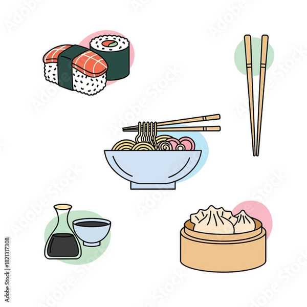Fototapeta A colorful collection of Asian food icons, including Japanese sushi, ramen noodles, and Chinese dumplings, illustrated in a simple line art style