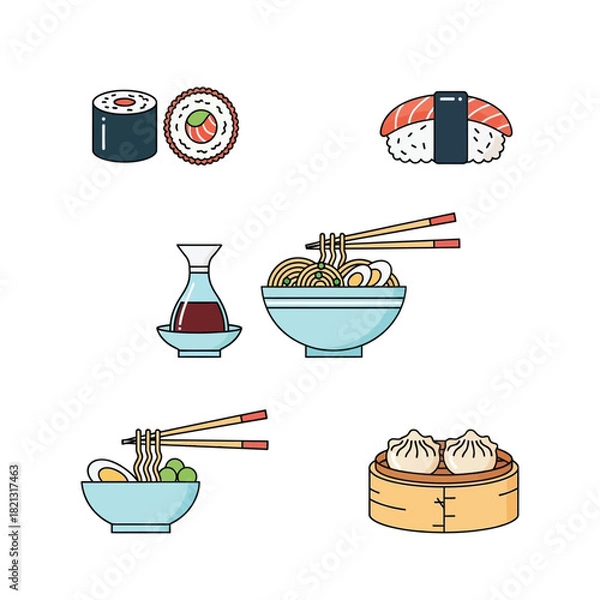 Obraz Delicious Asian Cuisine Sushi, Ramen, Dumplings, and More - A Colorful Icon Set for Food Lovers