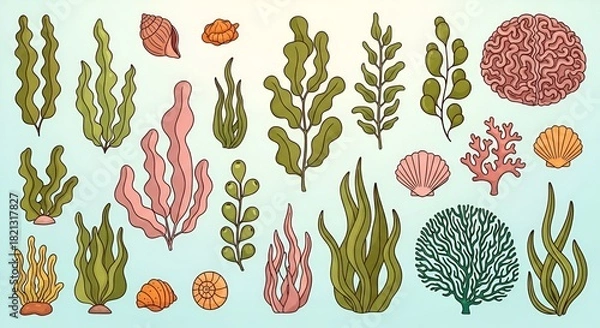Fototapeta Illustrative vector collection featuring seaweeds, corals and seashells on light blue background