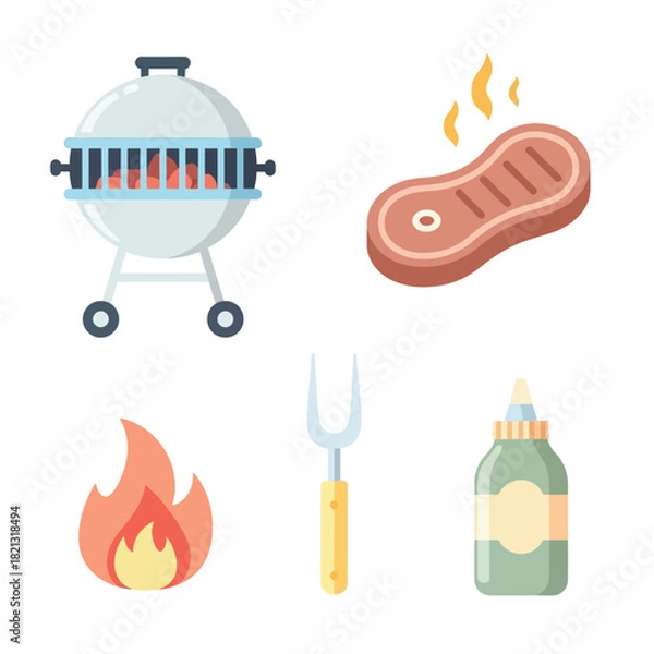 Obraz BBQ Party Icons Grill, Steak, Fire, Fork, and Mustard Illustrations