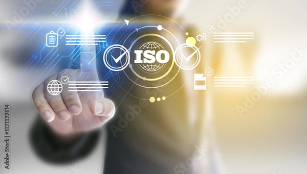 Fototapeta Businessman check quality assurance icon on digital screen with check mark icon for ISO certification and standardization. Quality assurance concept.