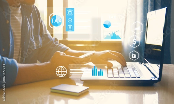 Fototapeta man organizing tax checklist through virtual interface. Tax planning services to maximize tax savings and optimize business finances