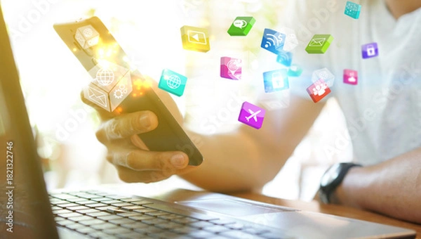 Fototapeta Hand using smartphone connecting, Social network concept.