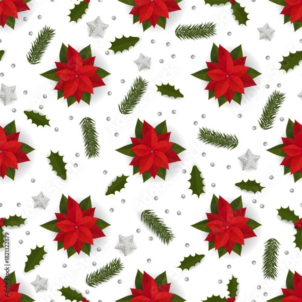 Fototapeta Seamless pattern with poinsettia and beads, stars, spruce branches.