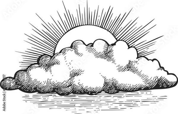 Fototapeta Sun partially hidden behind cloud, sketch hand drawn style, sunrise scene over water. Vector illustration